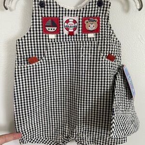 Vintage Cradle Togs Navy and White Checkered Kids overalls  with Sun hat